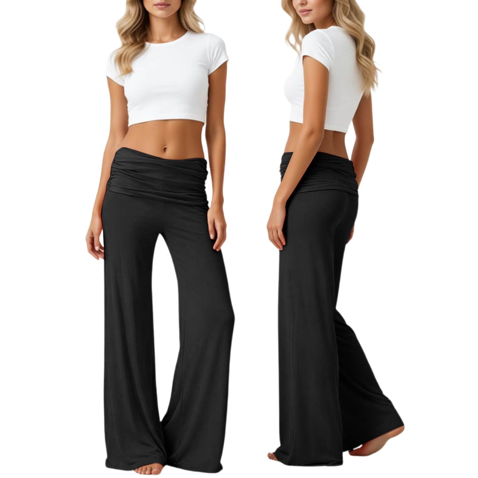 Fold Over Yoga Pants Women Wide Leg Pants Bell Bottoms Y2K Low Rise Bootcut Flare Leggings Foldover Lounge Trousers - 1