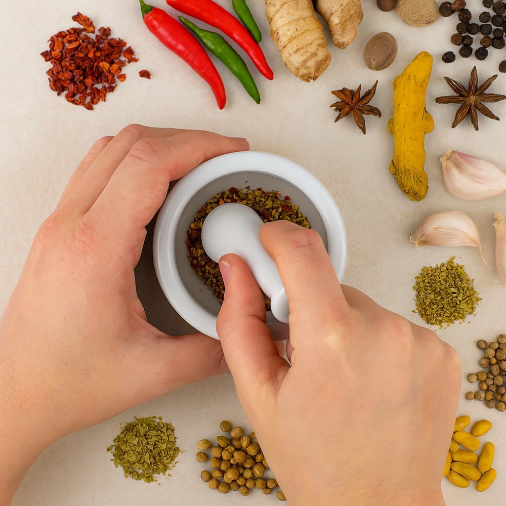 HIC Kitchen Mortar and Pestle Set, Fine Porcelain, Set of 3 Sizes, Spice Herb Grinder, Pill Crusher, Nut Butter Maker