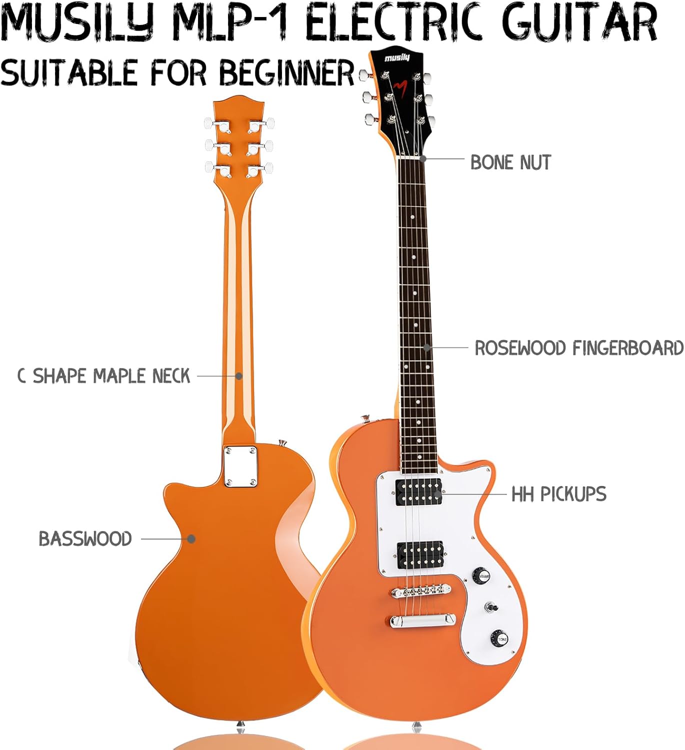 39 Inch Electric Guitar Kit, Beginner Full Size Solid Body Electric Guitar With HH Pickups, Gig Bag, Amplifier, Strap, Cable, Picks, String (Orange)