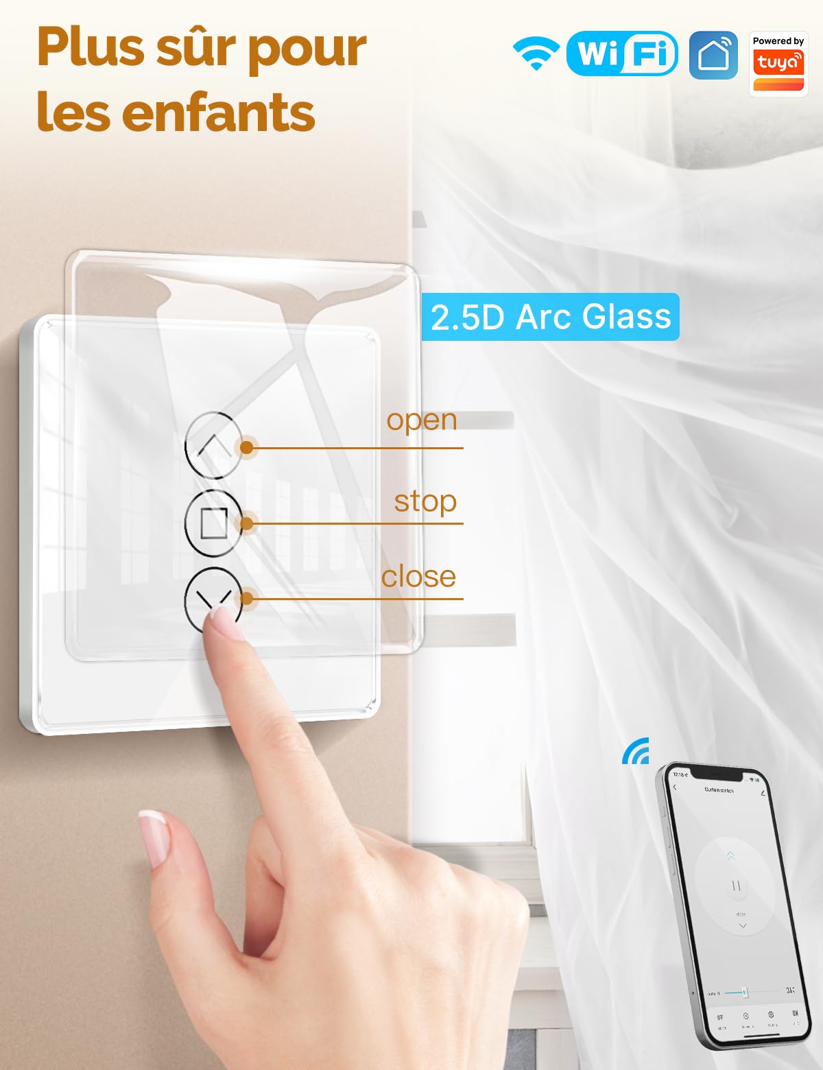 MOES WiFi 2.5D Interrupteur de Rideau Tactile | Commutateur de volet roulant intelligent, compatible avec Smart Life, Alexa et Google Home