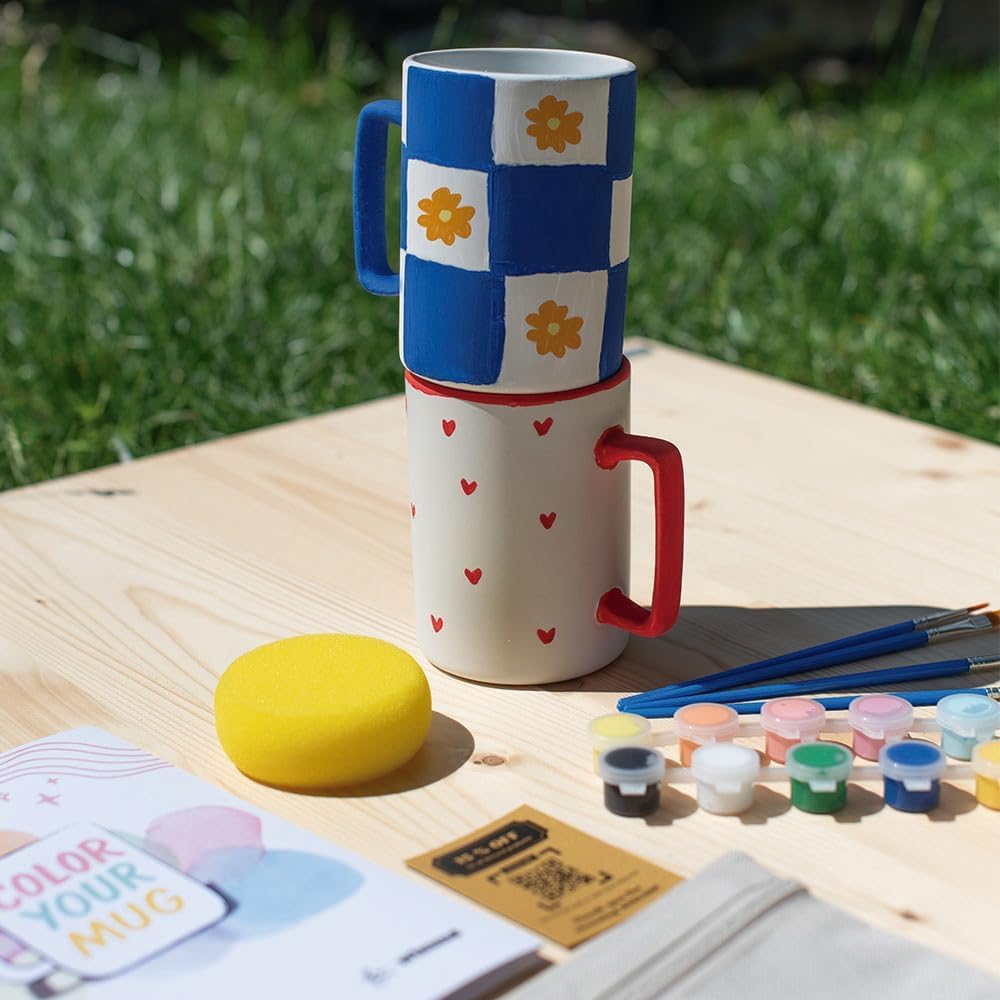 Winund – Set de 2 Tazas para Pintar con Pinturas Cerámica (12 Colores Pastel + Estándar), Pinceles, Esponja e Instrucciones – Manualidades Creativas y Regalo Original para Adultos y Niños