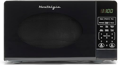 Nostalgia Horno microondas moderno retro para encimera, 700 vatios, 0.7 pies cúbicos, 12 ajustes de cocción preprogramados, reloj digital,