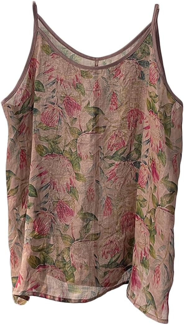 Womens Ramie Camisole Cami Floral Printed Strappy Slip Tops T-Shirt Blouse Tank Shirt