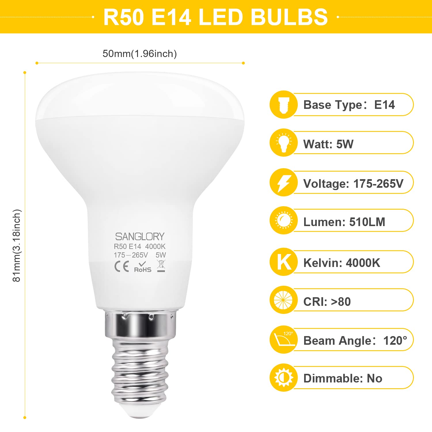 SanGlory Lampadine LED E14 Riflettore, LED R50 E14 Bianco Naturale 4000K, 5 Watt Equivalente a Alogena 40W, 510LM, 120 Gradi di Luce, Lampade Faretti LED R50 Non-dimmerabile, Confezione da 2