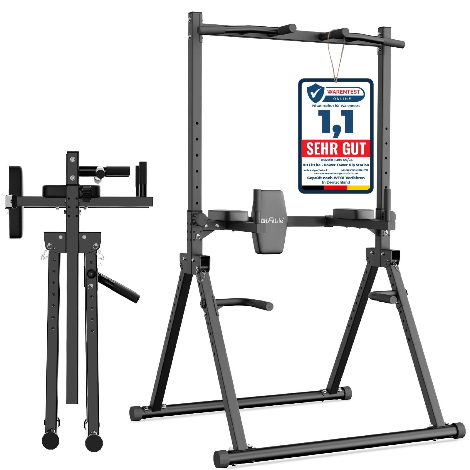 DH FitLife Faltbar Power Tower Dip Station | Klimmzugstange Freistehend mit Dip Barren u. Hantelablagen/Rückenlehne | Kraftstation Kraftturm | Fitness Station | Power Rack for Home Gym
