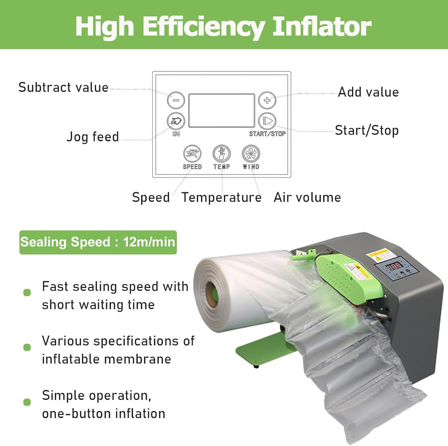 Máquina Infladora De Cojines De Aire, Máquina Para Envolver Embalajes Inflables, Velocidad De Producción De 6 M/min, Volumen Y Temperatura De Aire Ajustables, Para Uso En Logística Y Almacenes.