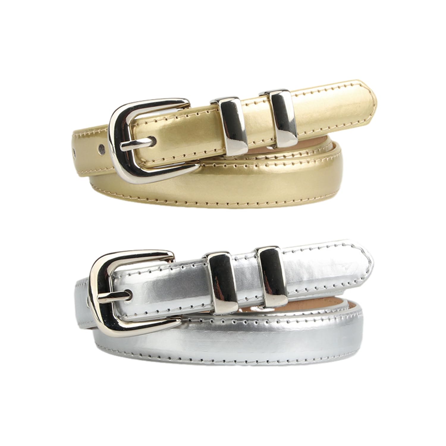 Rnskfg Unisex Gold 2 Pieces Simple Women's Belt, Classic Pu Leather Belt, Adjustable Belt, Clothing Decorations (, Silver).