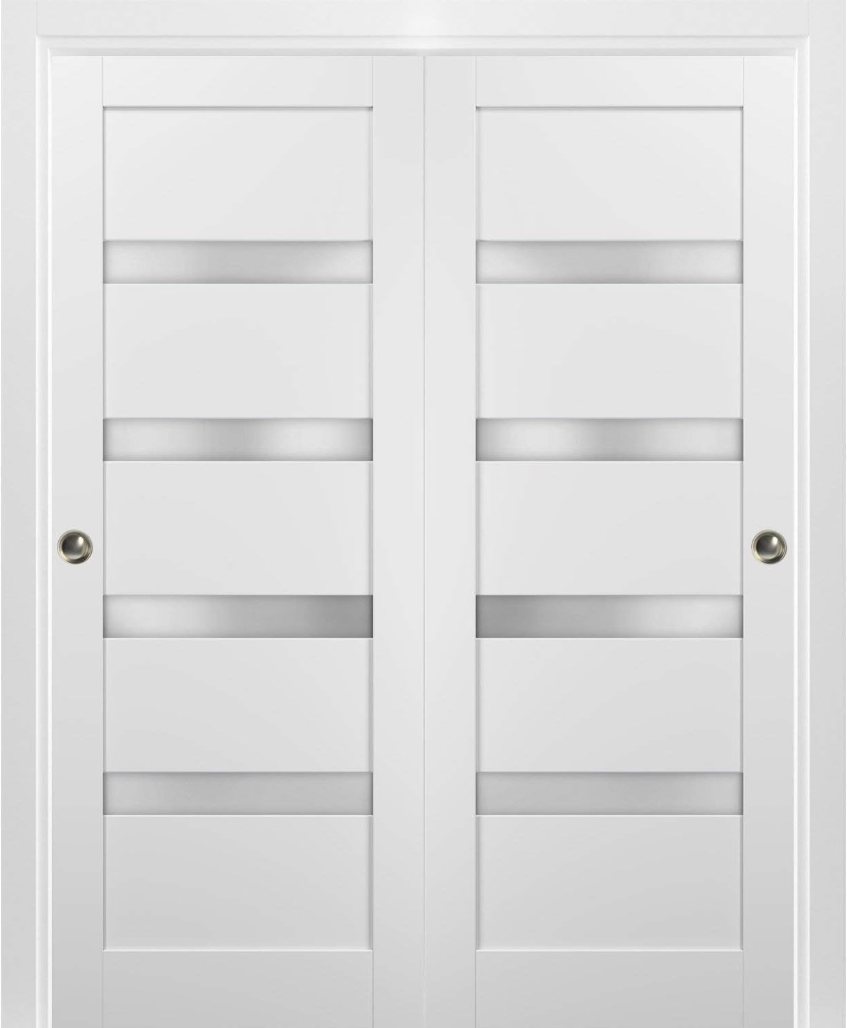 SARTODOORS Sliding Closet Bypass Doors 72 x 80 with Hardware | Quadro 4113 White Silk with Frosted Opaque Glass | Sturdy Rails Moldings Trims Set | Kitchen Lite Wooden Solid Bedroom Wardrobe Doors