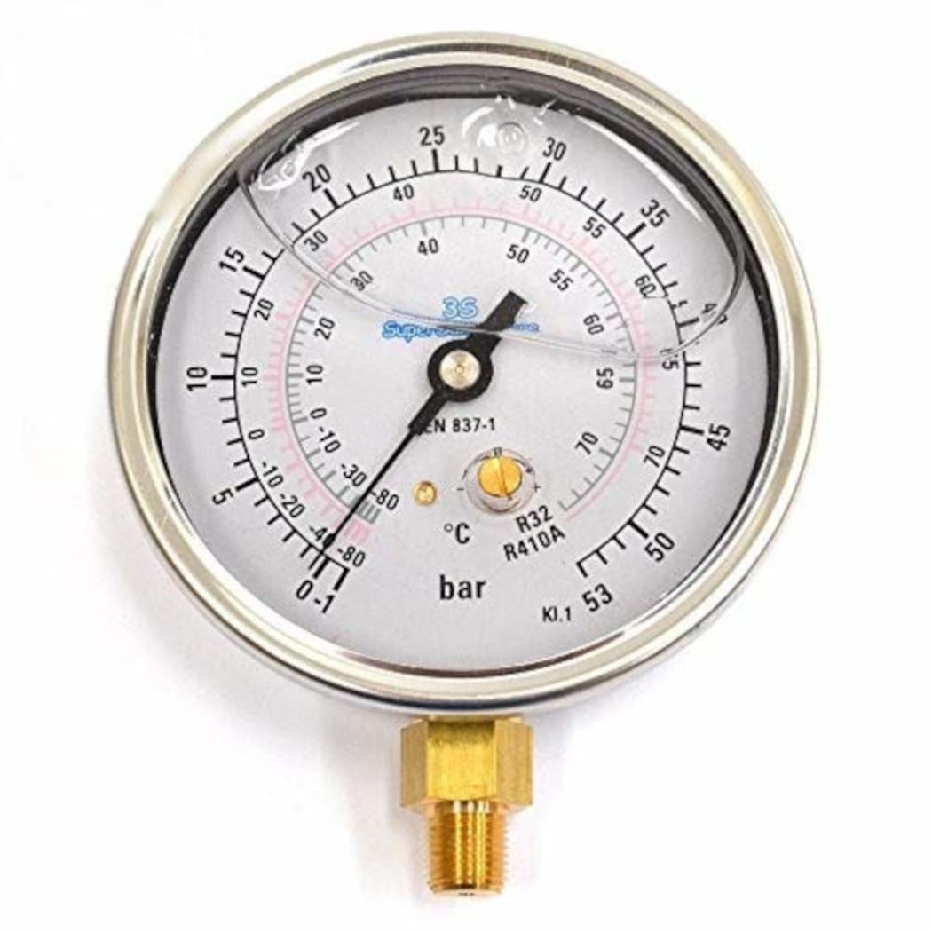 3S SuperSamaStore Manometro a Bagno di Glicerina 80 mm per Alta Pressione Gas Climatizzatore R32/R410A, Cassa Acciaio, Doppia Scala °C/Bar, Attacco Verticale 1/8" NPT per Refrigerazione, HVAC e A/C