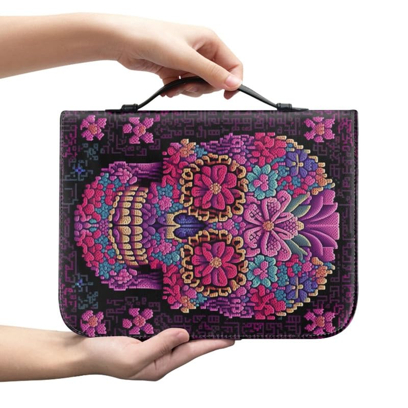 Garronmavis Pixel Skulls PU Leather Bible Case for Women Flower Skull Skull Painting Bible Bag, Halloween Bible Protective Bags - M - Image 2