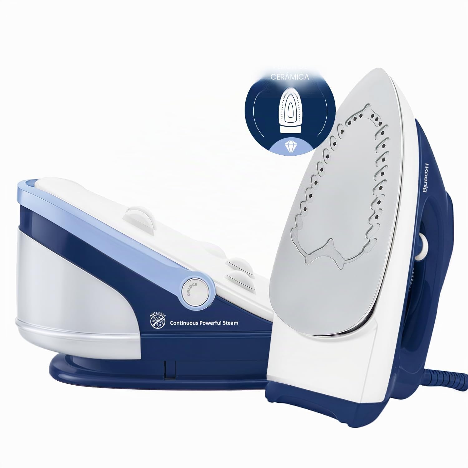 H.Koenig V5i Centro de Planchado 2400W, 100 g/min, 6 Bares, Plancha con Suela de Cerámica, Depósito de Agua extraíble 1.7L, Autonomía Ilimitada, Control Manual de la Temperatura, Azul