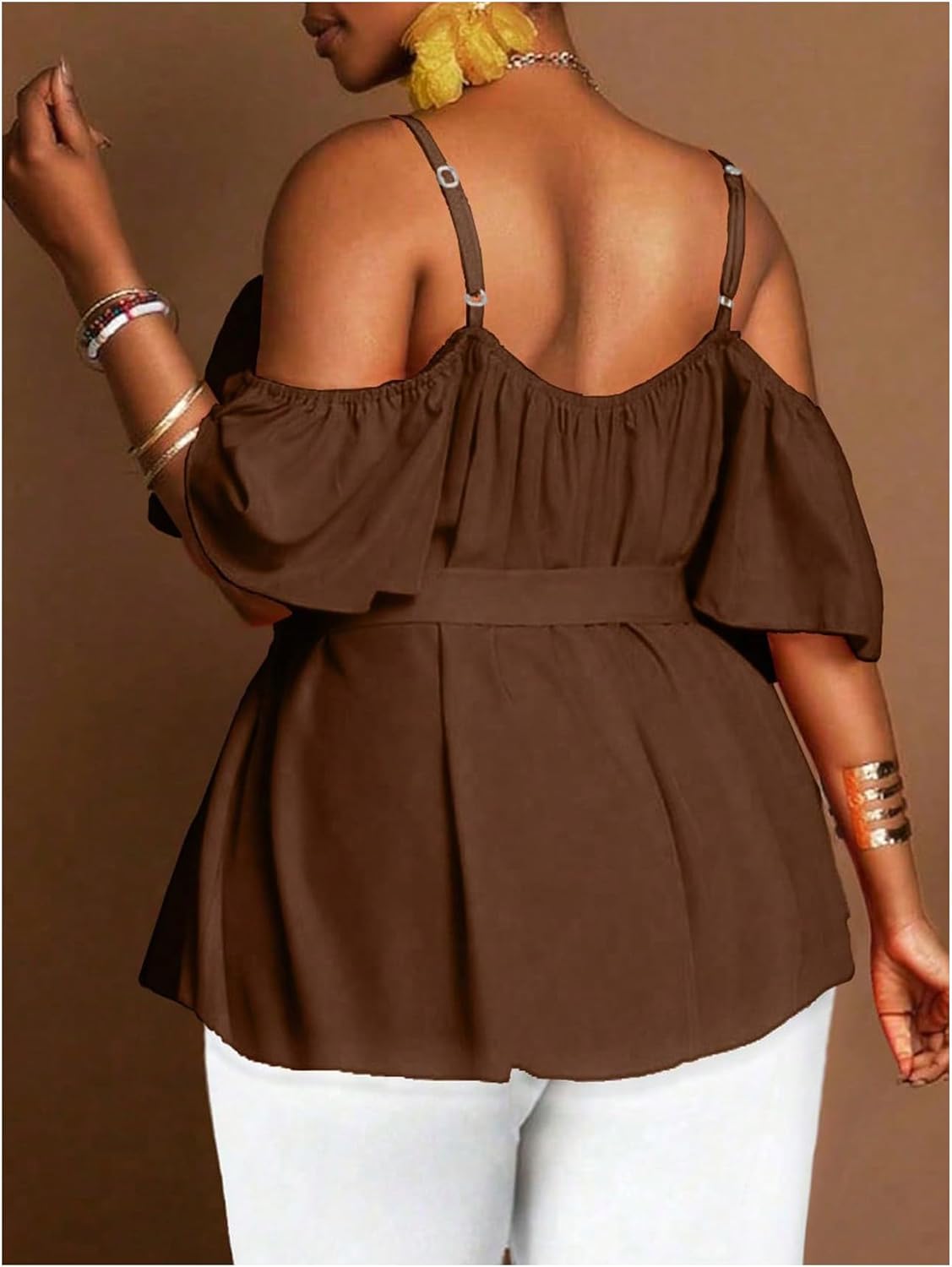 SOLY HUX Women's Plus Size Cold Shoulder Blouse Belted Peplum Top Short Sleeve Ruffle Shirts - Image 3