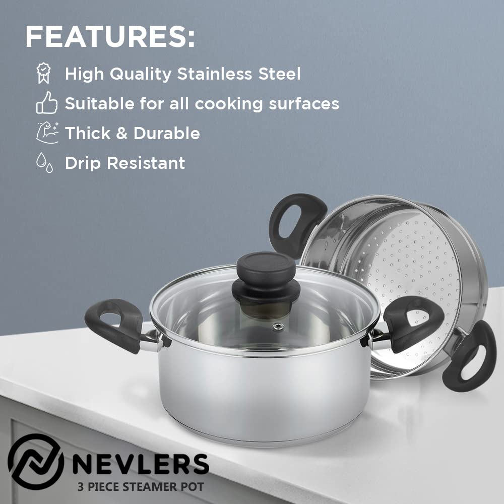 Nevlers 3 Piece Premium Heavy Duty Stainless Steel Steamer Pot Set