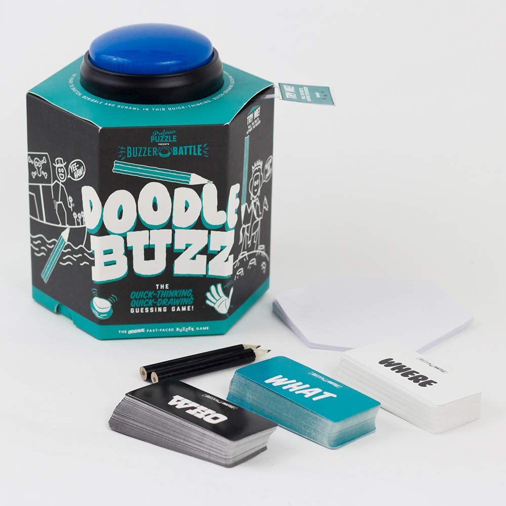 Professor PUZZLEDoodle Buzz - Drawing Party Game with Button Buzzer - Artistic family game