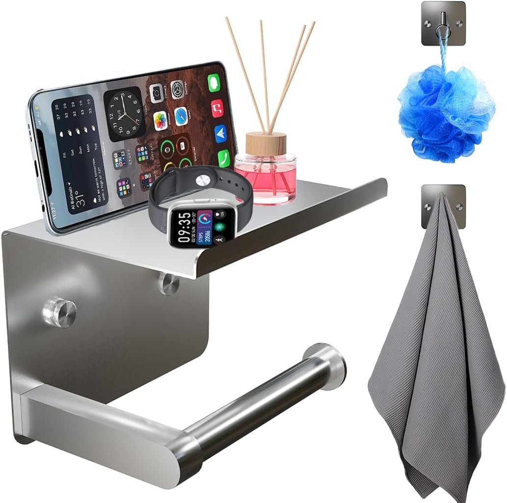 Self Adhesive Toilet Paper Holder with Shelf + 2 Towel Hooks| Toilet Paper and Wipes Holder, Fits Mega Rolls Size| Toilet Paper Holder with Phone Shelf | Toilet Roll Holder All in One, Nickel