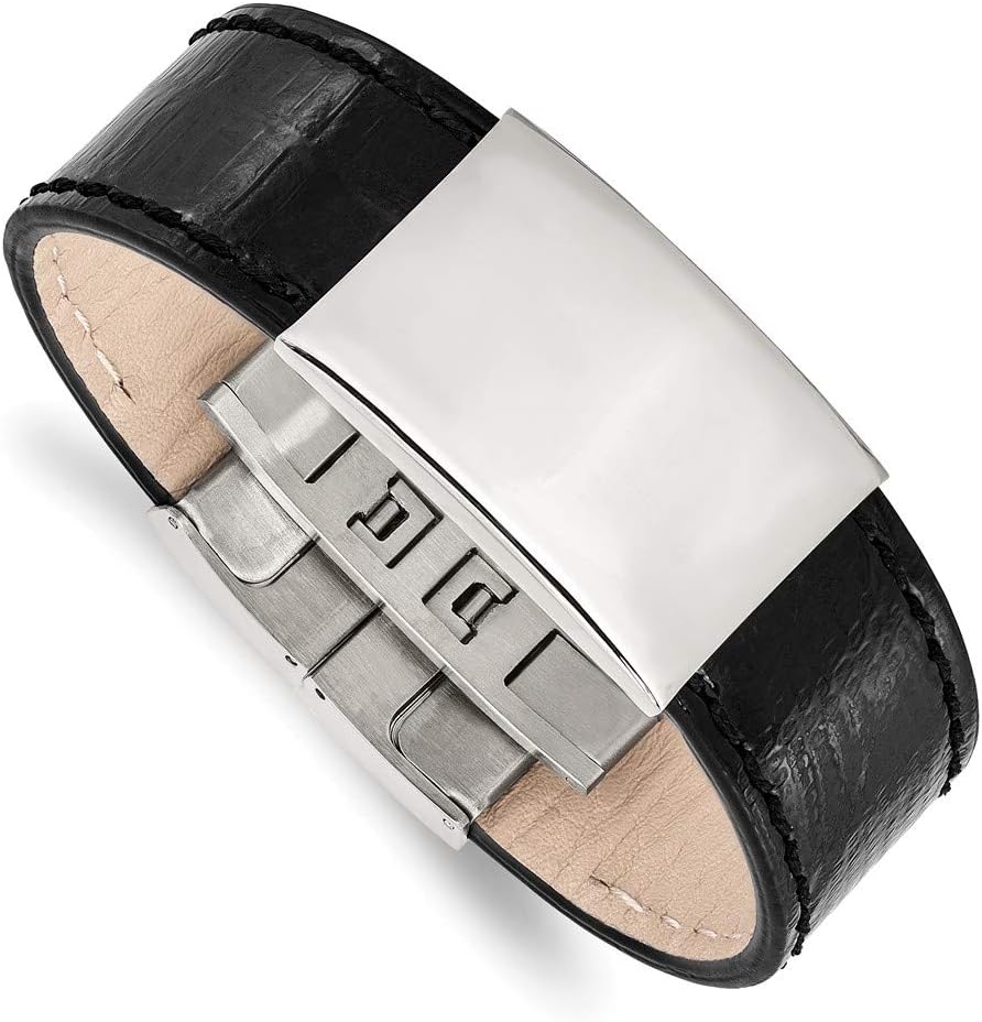 Bracelet White Stainless Steel bracelet Men's Black 8.5 in Polished Leather ID