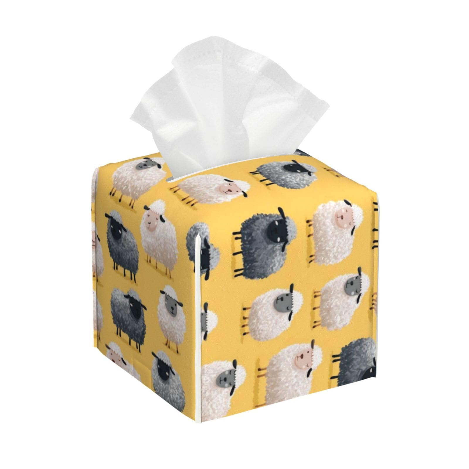 Cute Colorful Sheep Print Tissue Box Cover Holder Square, Foldable Modern Cube Tissue Box Cover, Leather Decorative Organizer for Tabletop Bathroom Car Office Desk Decor