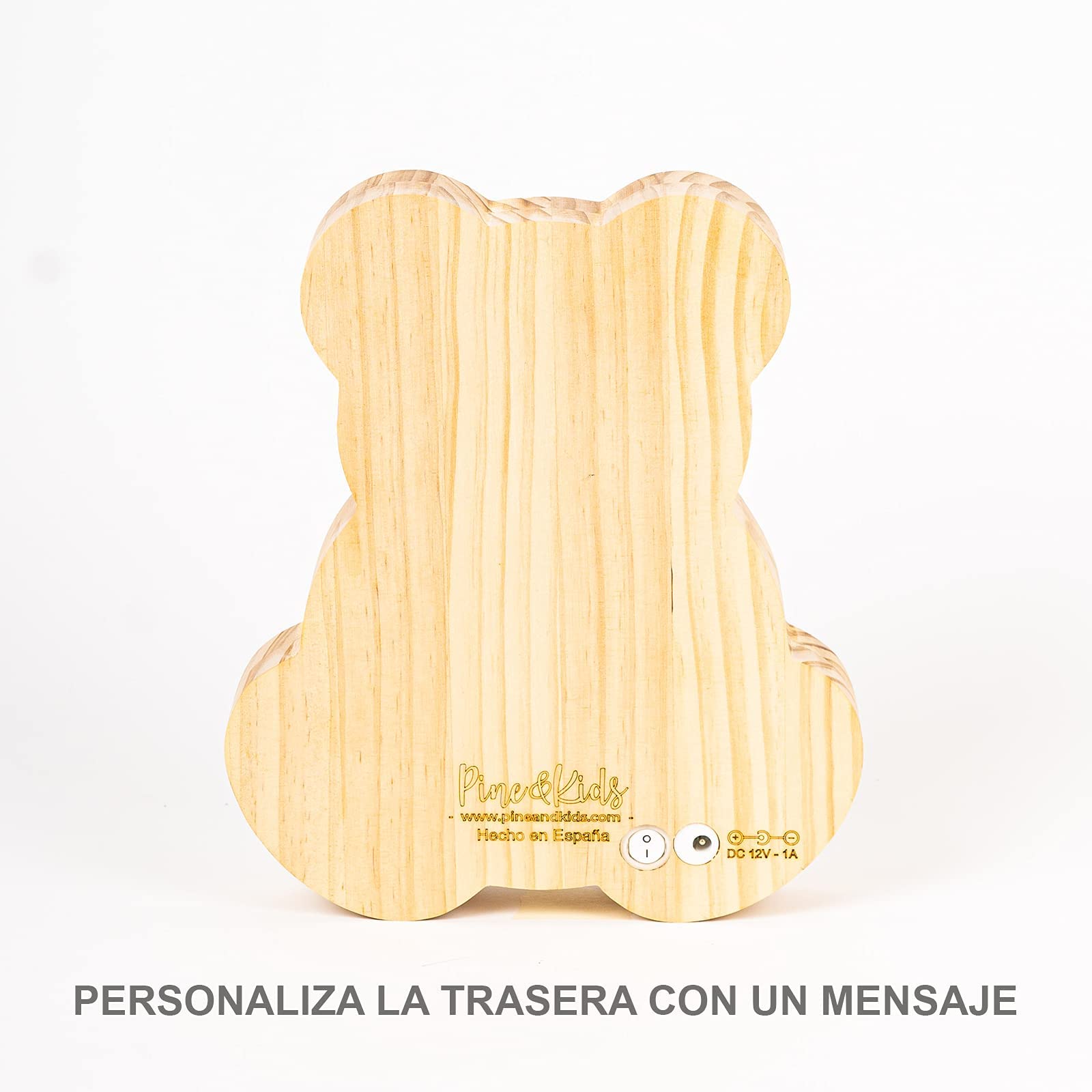 [ PINE & KIDS ] Lámpara Osito infantil personalizada con Nombre. Lámpara quitamiedos con nombre en madera para niños y bebés. Incluye adaptador de corriente.