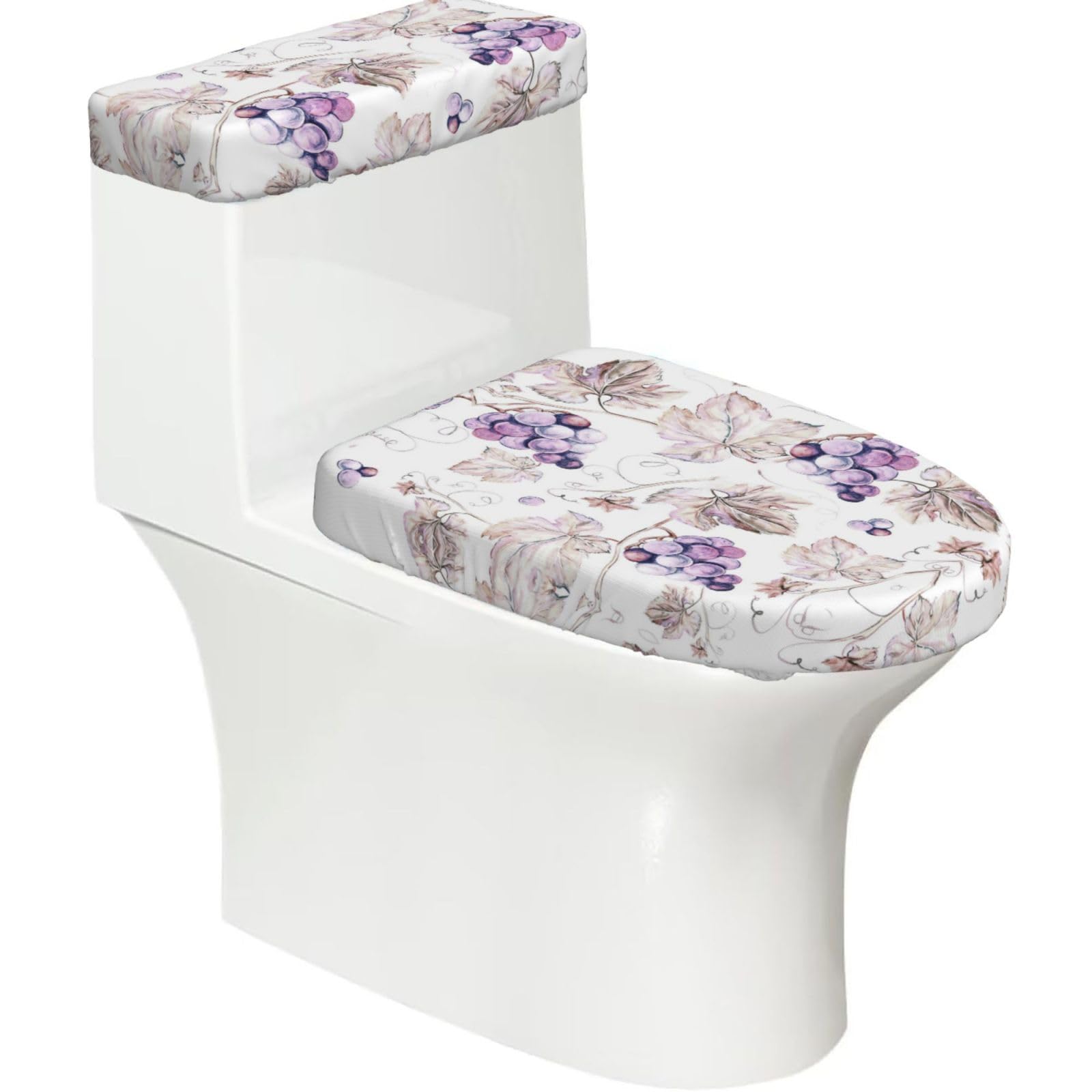 Beautiful Grape Leaves Printed Toilet Tank and Lid Cover Set of 2 for Most Bathrooms, Fits Elongated Round Toilets