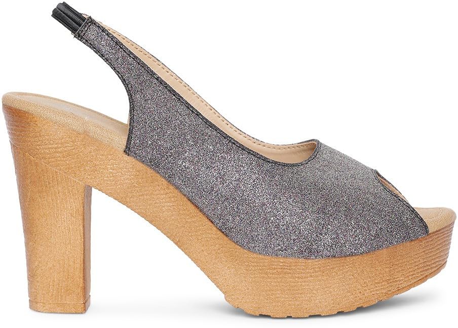 Image of Action Women's Platform Sandals| Block Heel| Glitter Embellished| Grey, Beige