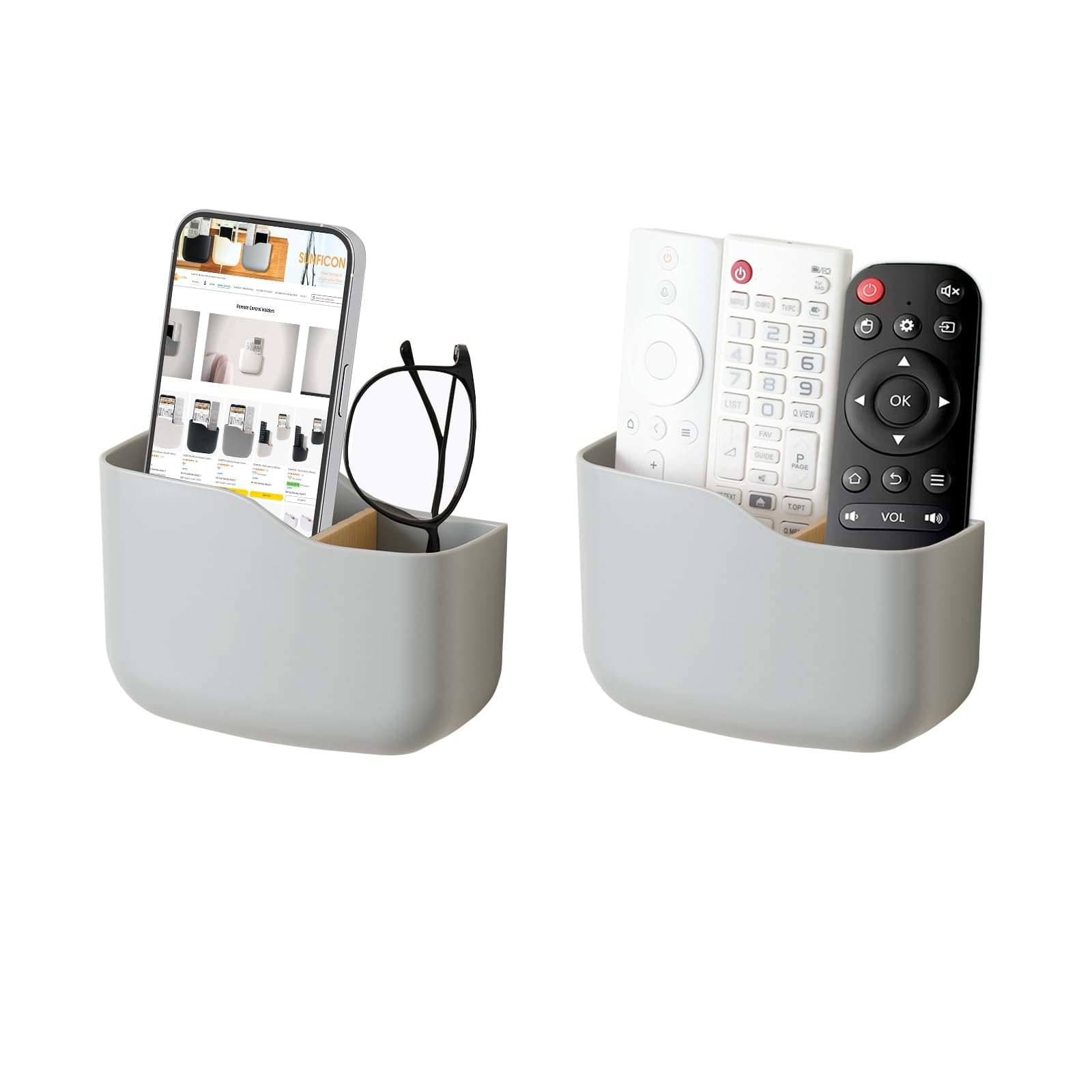 SUNFICON 2Selbstklebende Fernbedienungshalter, Universal-Halterung für Media-Player, Controller, Wandmontage, Fernbedienung, Organizer, Box, Grau