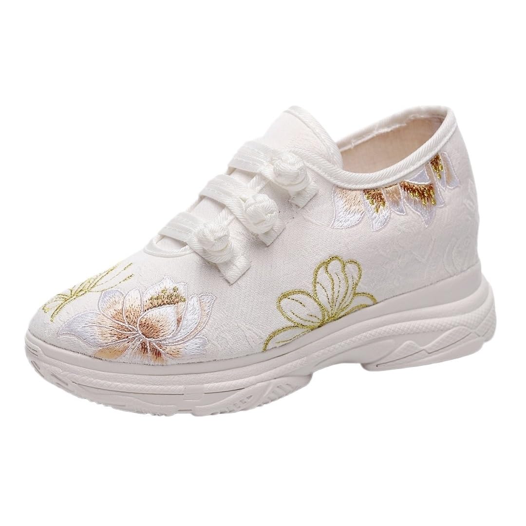 Damskie, Modne, Platformowe Trampki Na Koturnie Z Haftowanym Motywem Kwiatowym Wygodne Buty Do Chodzenia Z Ukrytym Obcasem Shoes Cheongsam W Stylu Chińskim Obuwie Na Co Dzień(White,41 EU)