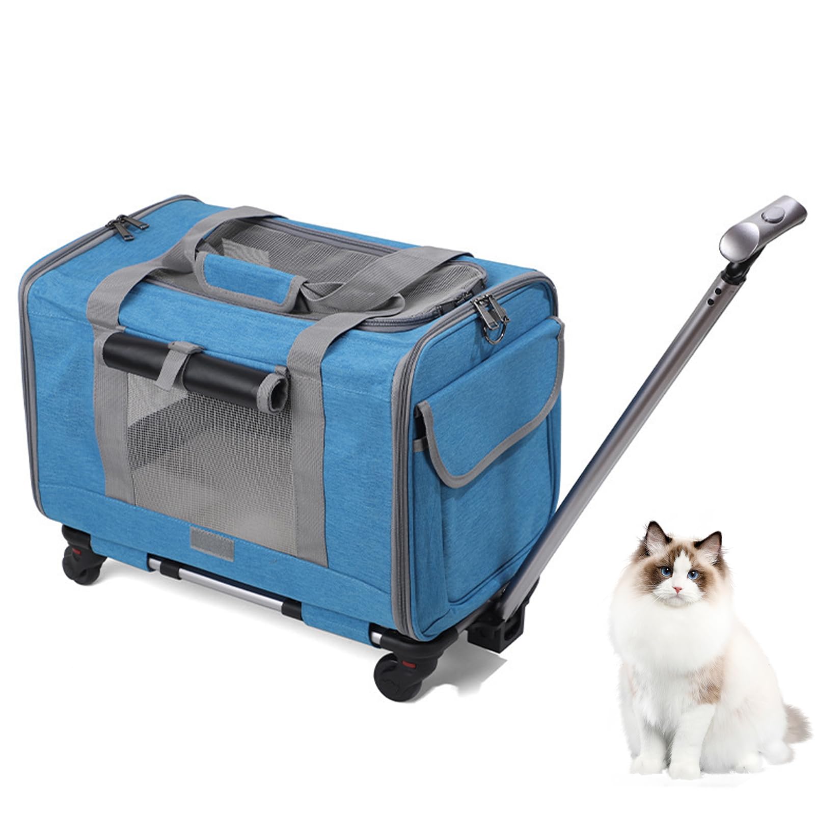 Bolsa de transporte con ruedas para gatos y perros, bolsa de transporte con asa telescópica y ruedas extraíbles, transportín plegable con carrito para perros pequeños y medianos y gatos (azul)