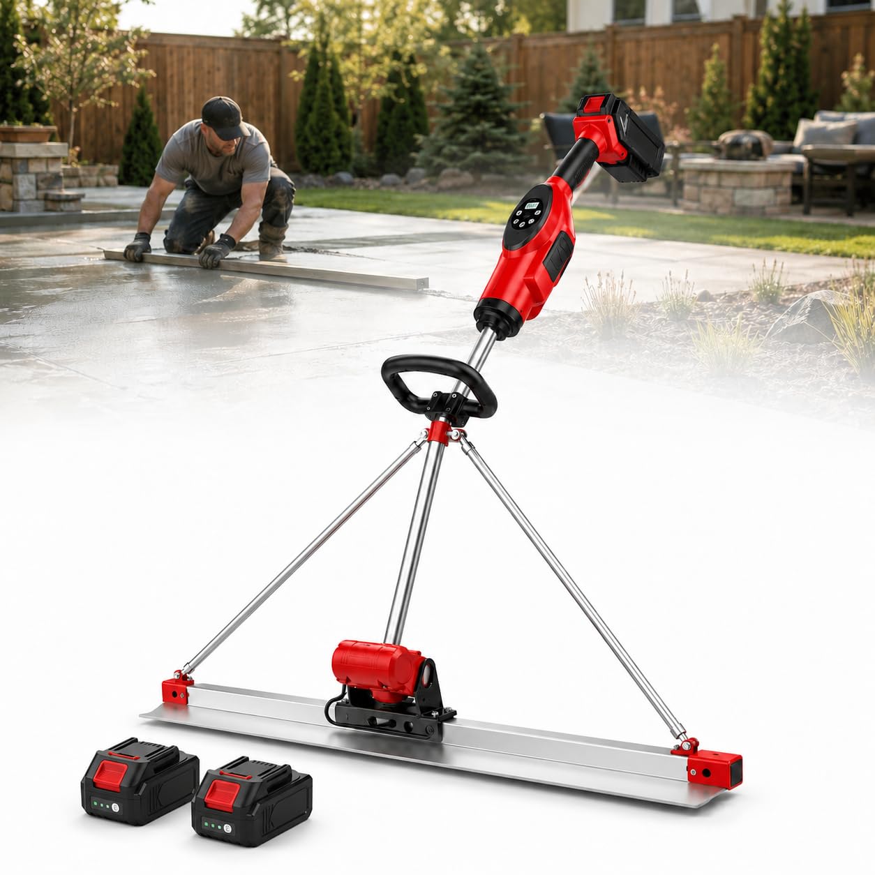 Concrete Power Screed Vibratory Kit, 21v Cordless Electric Cement Finishing Tool With 59in Stainless Steel Board, 9 Speed Setting Suitable, For Concrete, Sidewalks, Driveways dualbattery