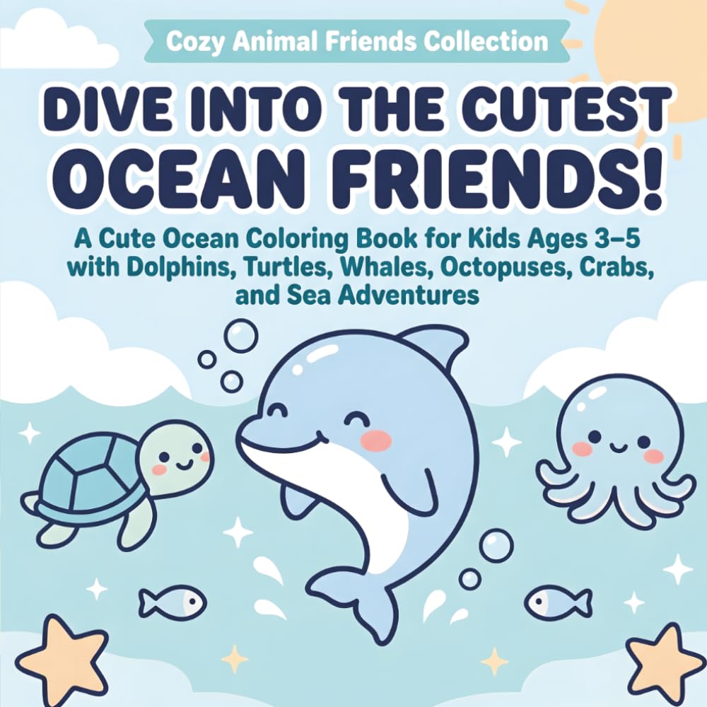 Dive Into the Cutest Ocean Friends!: A Cute Ocean Animal Coloring Book for Kids Ages 3–5 with Dolphins, Turtles, Whales, Octopuses, Crabs, and Sea Adventures (Cozy Animal Friends Coloring Books)