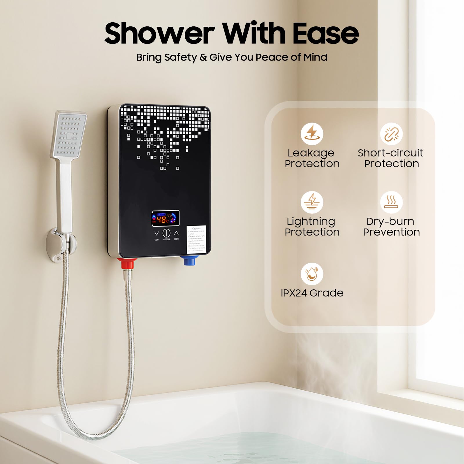 Scaldabagno elettrico 6500W con doccetta, indicatore di temperatura LED, mini scaldabagno montato a parete per doccia e cucina, funzione memoria, IPX24, protezione dall'acqua - 86-131°F (30-55°C)