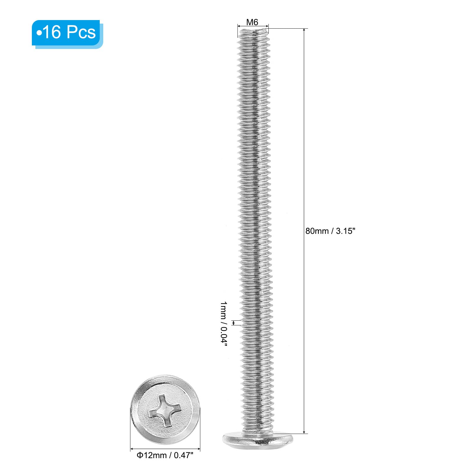 PATIKIL Flat Round Head Phillips Screws, 8 Pack M6-1 x 80mm Binding Screws 304 Stainless Steel 18-8 Full Thread - Image 2