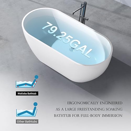 Miniatura 6 de Mokleba Bañera independiente de acrílico de 66 pulgadas, con una sola pantufla, bañera de pie con desbordamiento ranurado integrado, drenaje cromado