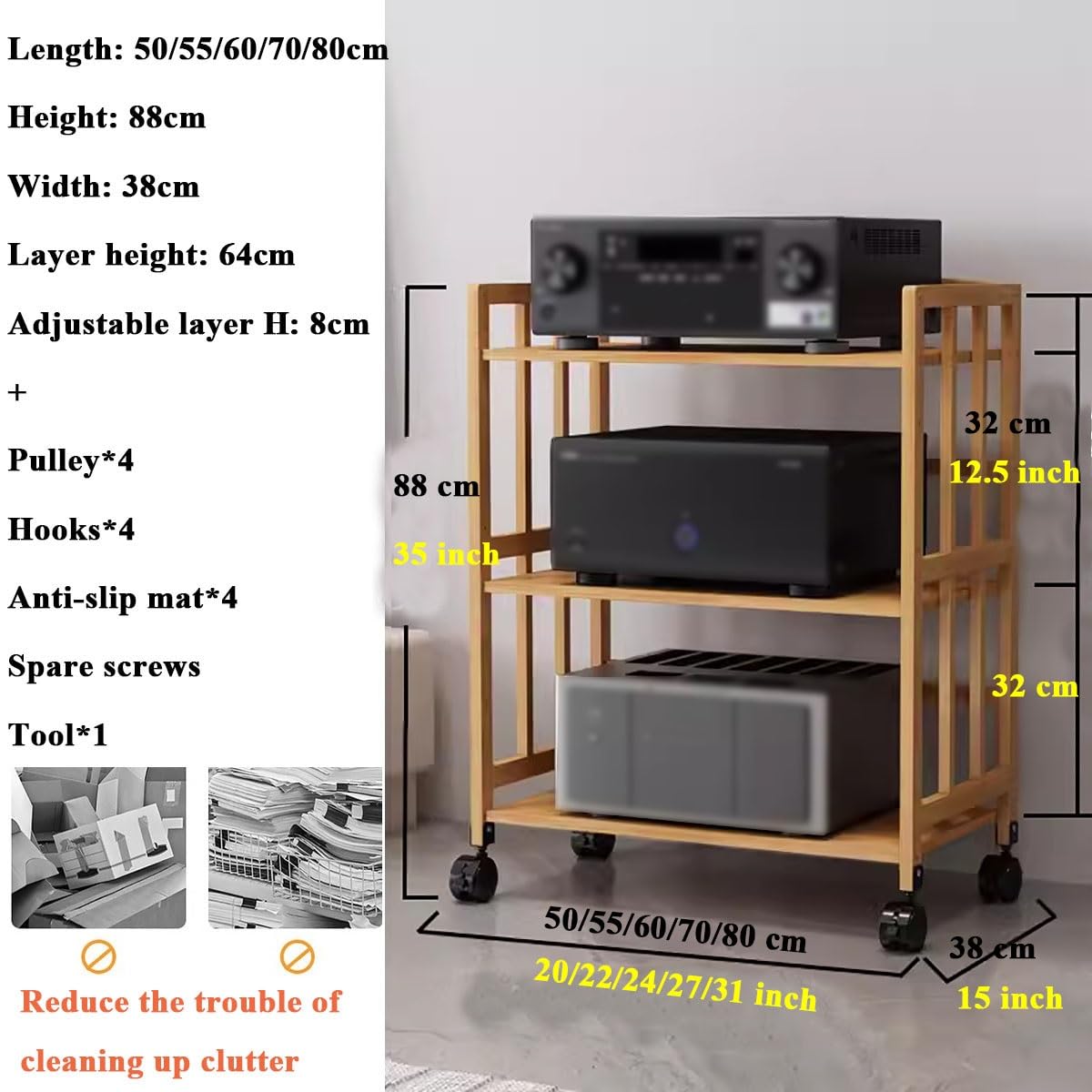3 Tier Movable Living Room AV Media Stand Cabinet, Audio Video Component Rack Stereo Shelf, Open Home CD Record Player Speaker Amplifier Game Console Storage Unit, Corner Entertainment Center(W-55CM)