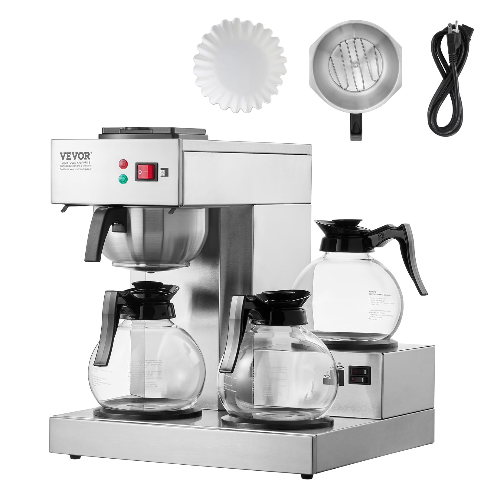 VEVOR12 Cups Commercial Drip Coffee Maker, Coffee Maker Machine with 3 Glass Carafes and 3 Warmer Plates, Stainless Steel Pour Over Coffee Brewer for Restaurant, Office, Cafe