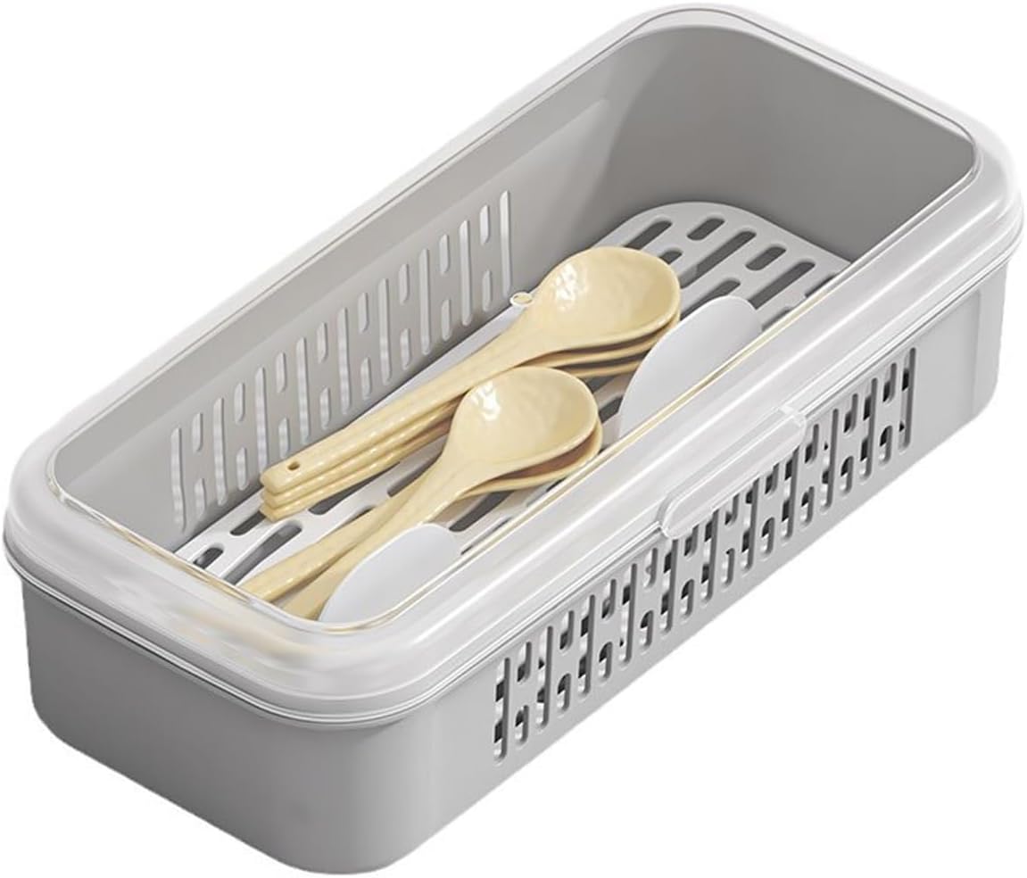 Flatware Tray with Lid and Drainer,Silverware Tray Kitchen Dinnerware Holder and Cutlery Utensil Storage Container for Flatware and Silverware (Grey)
