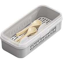 Flatware Tray with Lid and Drainer,Silverware Tray Kitchen Dinnerware Holder and Cutlery Utensil Storage Container for Flatware and Silverware Grey