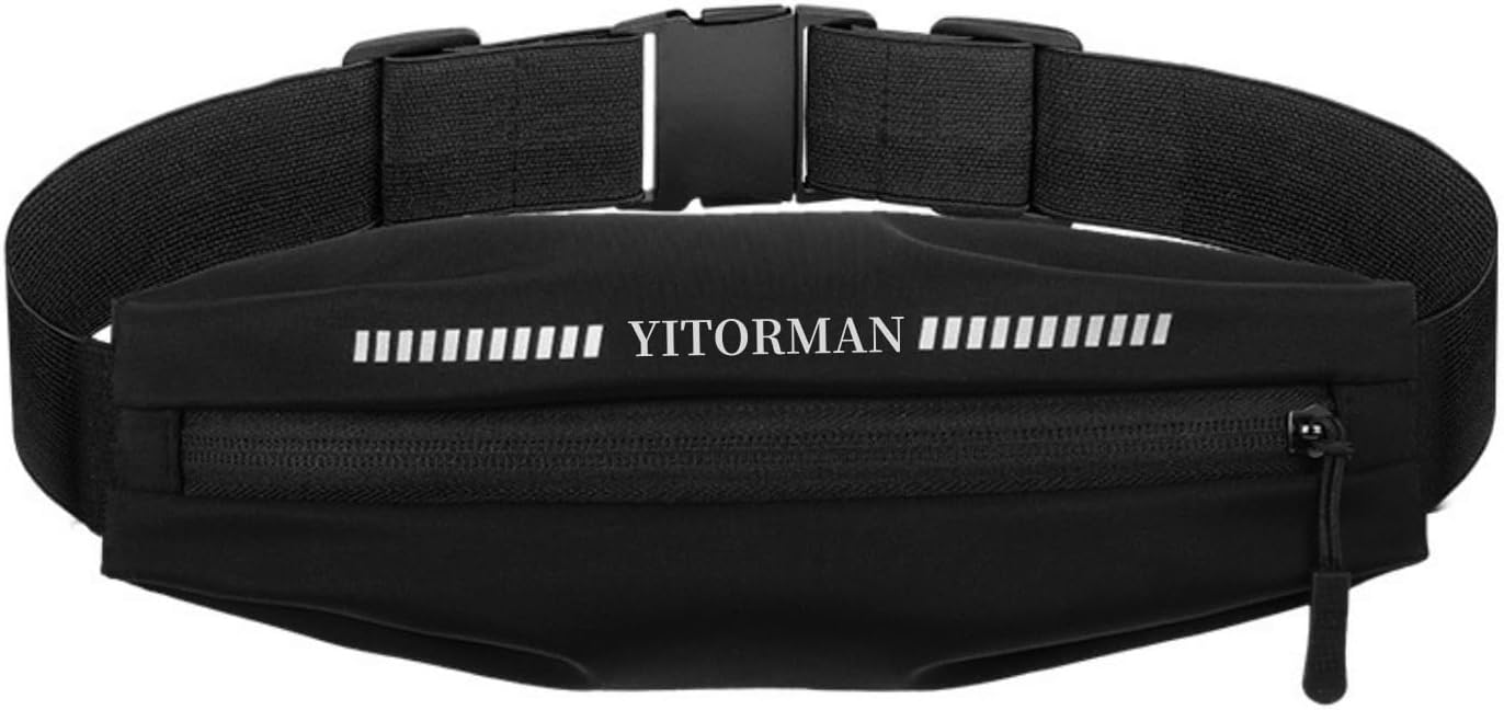 YITORMAN Slim Running Belt, Runners Fanny Pack for Women and Men, Reflective Run Waist Belt for Workout Jogging with Headphone Port, Running Gift Gear, Black, One Size, sports