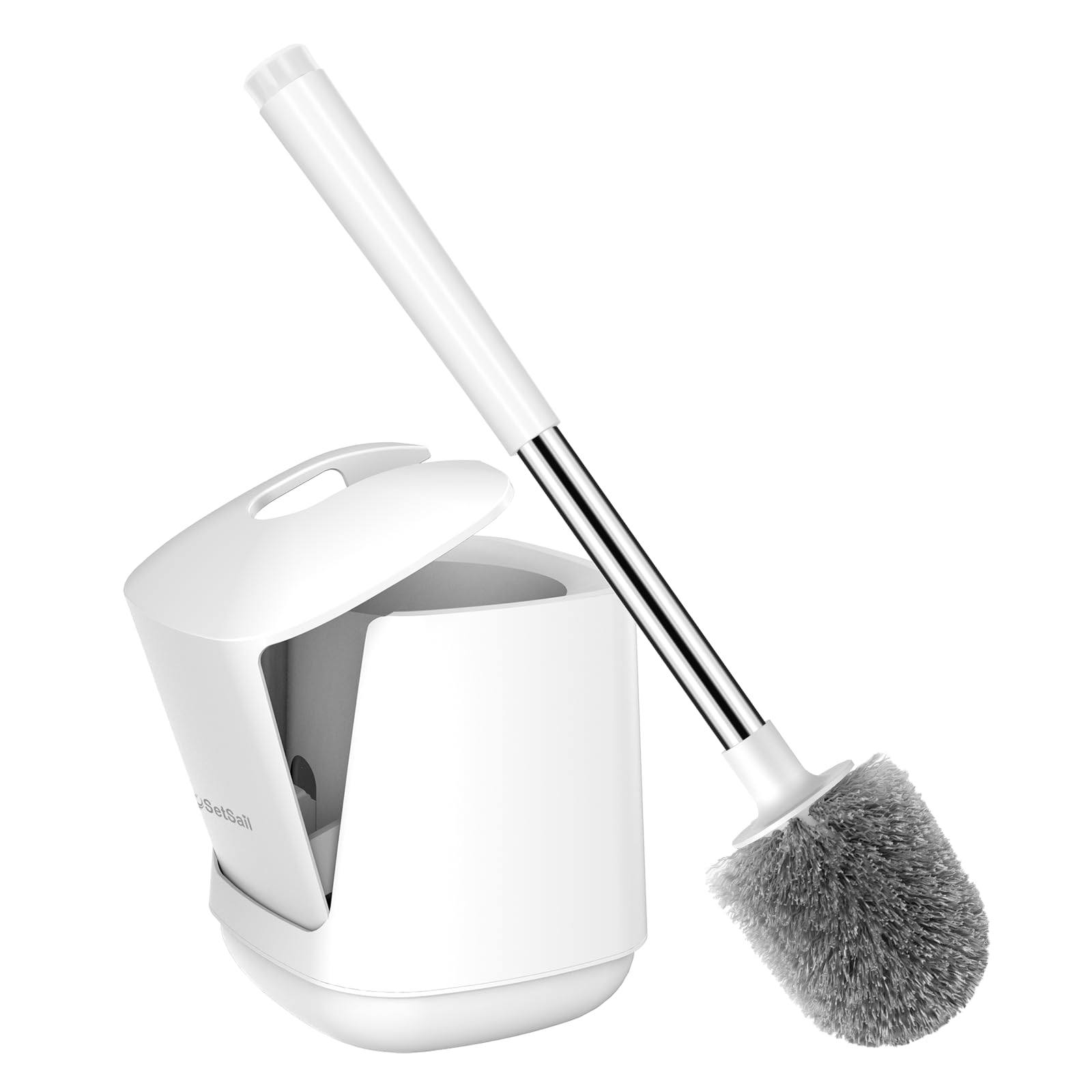 SetSail Toilet Brush, Self Closing Lid Toilet Bowl Brushes Holder and Extra Long Handle Ventilated Toilet Brush Set for Bathroom Cleaning, Nylon Bristles, Pure White