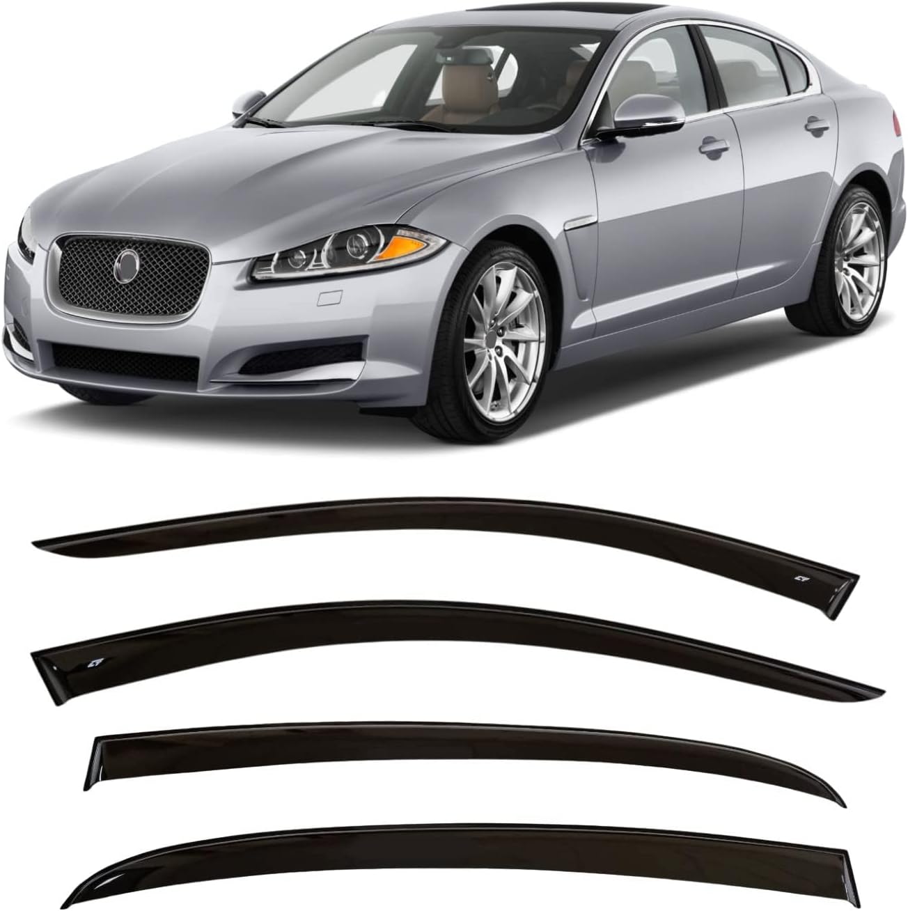 CT Wind Visor Deflectors Set of 4-Piece - Car Ventvisor Door Side -Window Air Guard Deflectors for Protection Against Snow Sun and Rain Compatible with Jaguar XF Sd 2008-2015 - Dark Smoke