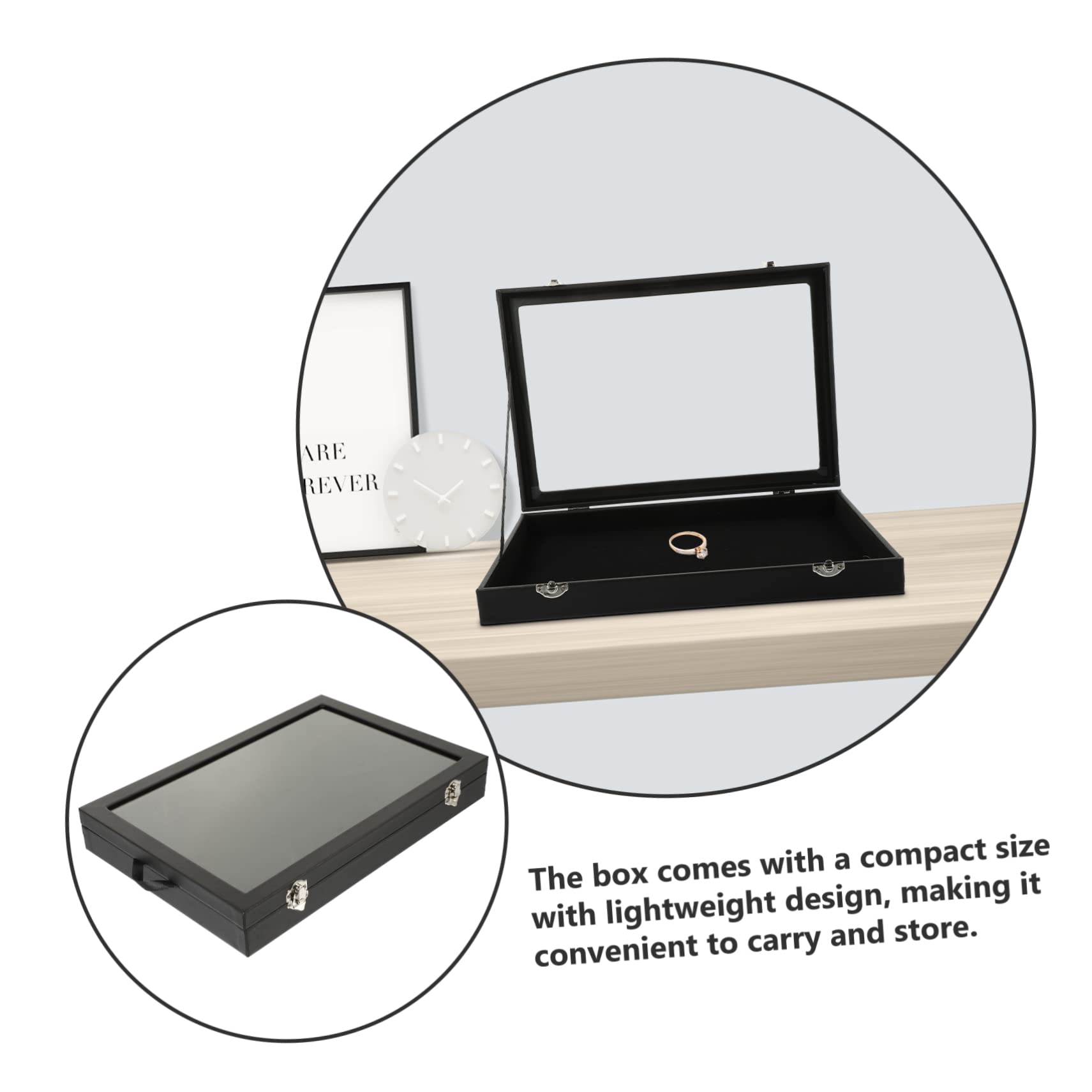 YZCIS Box Tablett Uhren Tragbare Glasanhänger Fenster Halskette Ringe Aufbewahrung B Schublade Klarer Ring Durchsichtige Plattenabdeckung mit Ledervitrine Organizer Armbänder Armband (Schwarz 2