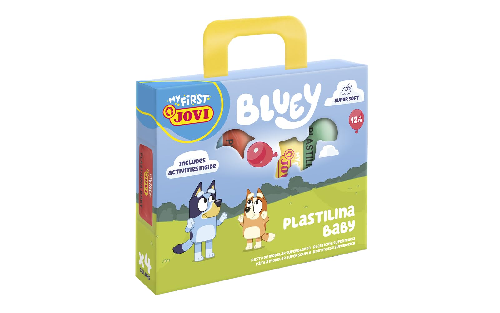 Jovi - My First, maletín con 4 pastillas de plastilina baby Bluey, sin gluten, no se seca, super blanda, a partir de 12 meses