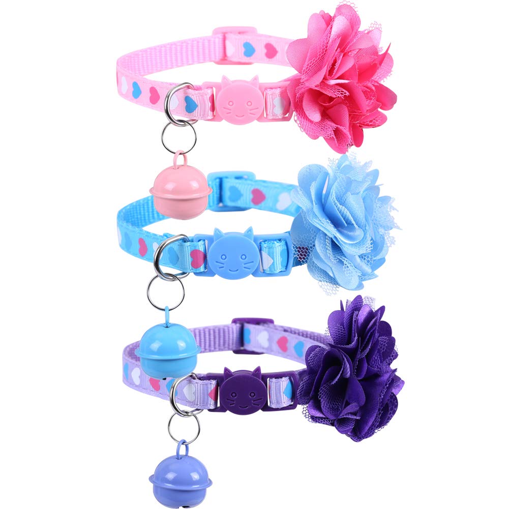 Lamphyface3 Pack Valentine's Day Cat Collar with Bell Removable Flower Breakaway Adjustable Love Heart