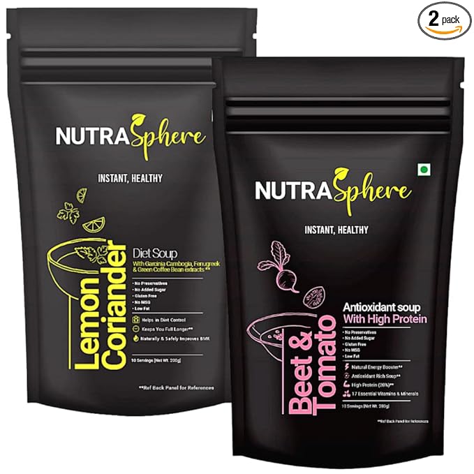 Diet Lemon Coriander, Beetroot Tomato Soup Combo Packets. For Weight Management, High Protein (Instant, Preservative Free, No MSG, Sugarfree)- 10 Sachet Each