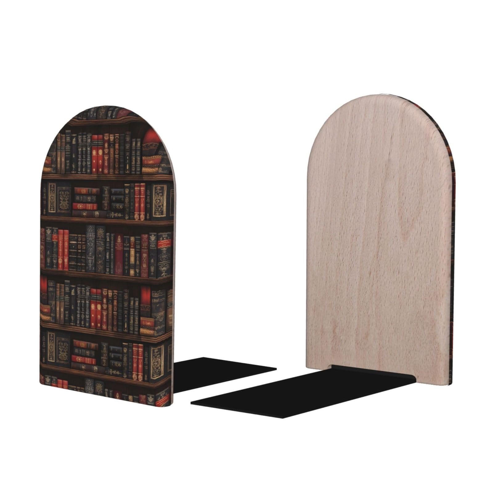 Vintage Bookshelf A Print BookEnds 1 Pair, Decorative Bookends for Heavy Books, Wood Book Ends for Shelves, Book Organizer for Home Desk Office Supplies