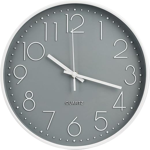 Wall Clock 12 Inch Non Ticking Silent Modern Simple Style Round Decor Clock Gray Stereoscopic Dial