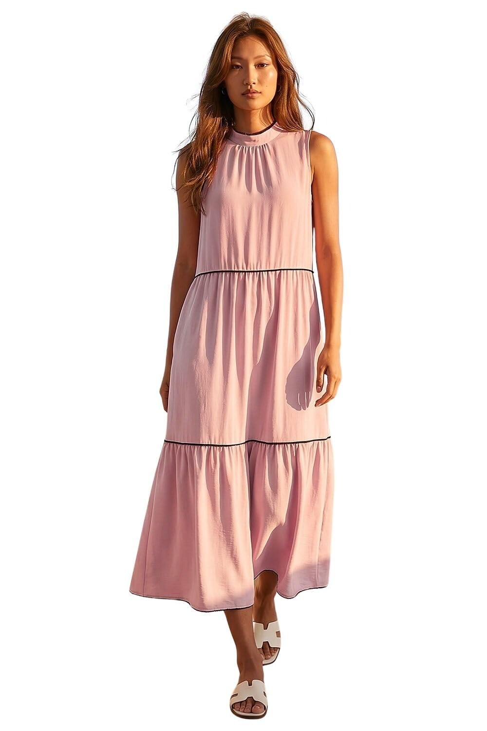 Roman Originals Women's Light Pink Tiered Swing Midi Dress For Uk - Everyday Holiday Spring Summer Round Neckline Comfy Soft Evening Vacation Work Party - Size 20