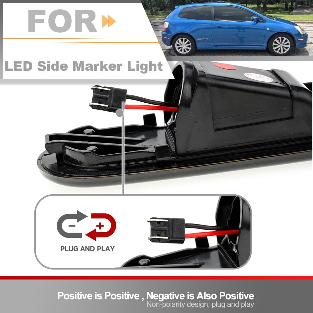 02-05 Civic Led Side Marker Light for 2002 2003 2004 2005 Hon'da Civic Gen 7th Si/SiR EP3 3DR Hatchback Combo Super Bright Led Bumper Indicator Lamps Smoked Lens 4Pcs