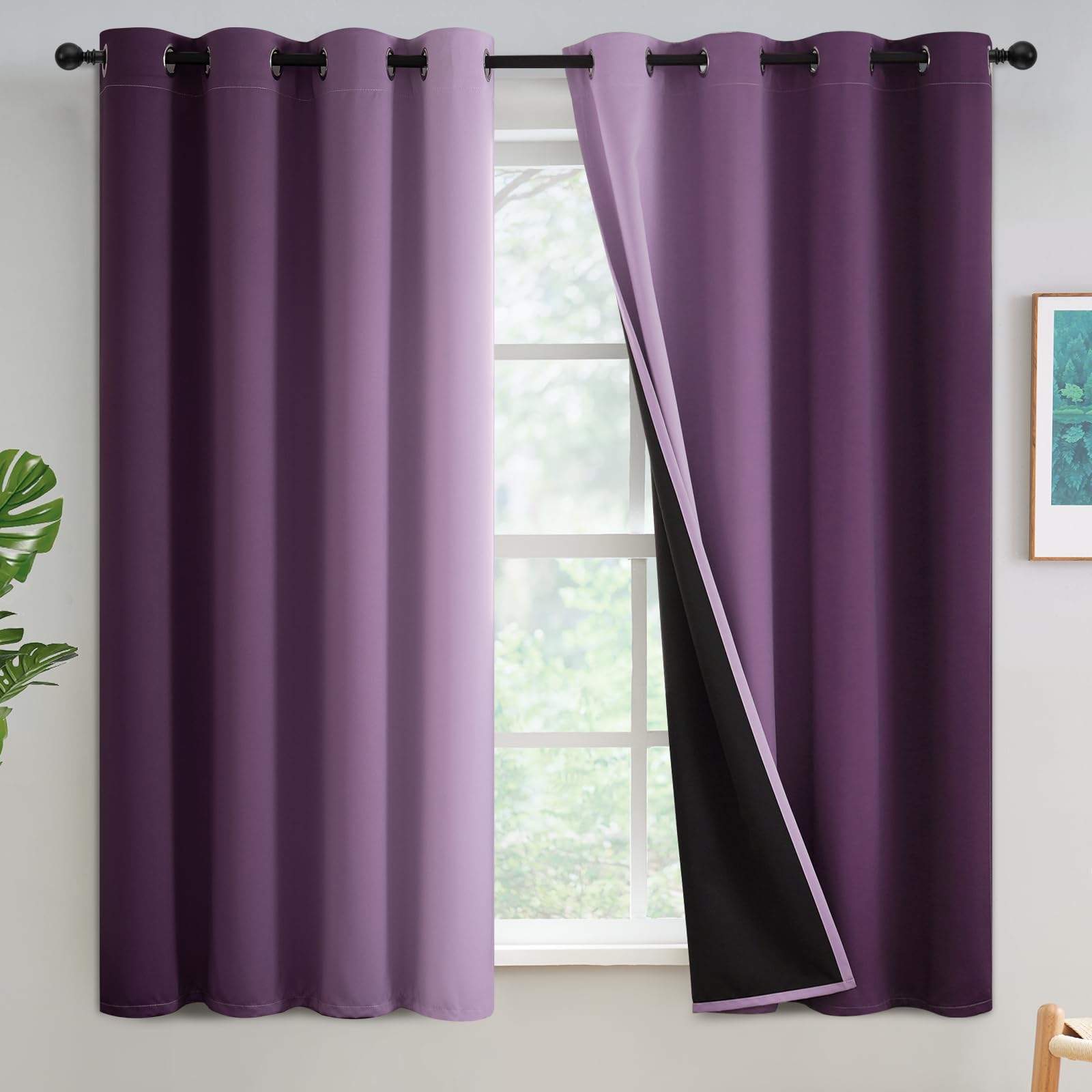 Yakamok Purple 100% Blackout Curtains for Bedroom,Ombre Room Darkening Curtains for Living Room Grommet Window Curtains 54 inches Long,Thermal