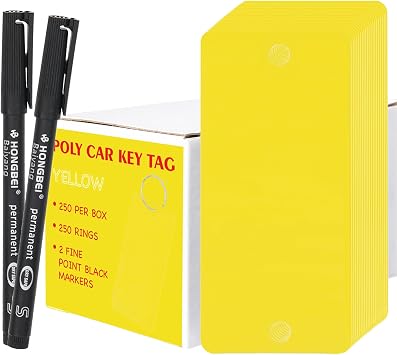 Blank Poly Car Key -Yellow, Thicken Car Key Tags 250 Pcs with 250 Rings and 2 Black Markers, Dealership Labeling Tags, Plastic Automotive Blank Labeling Tags, Yellow and White Key Tags