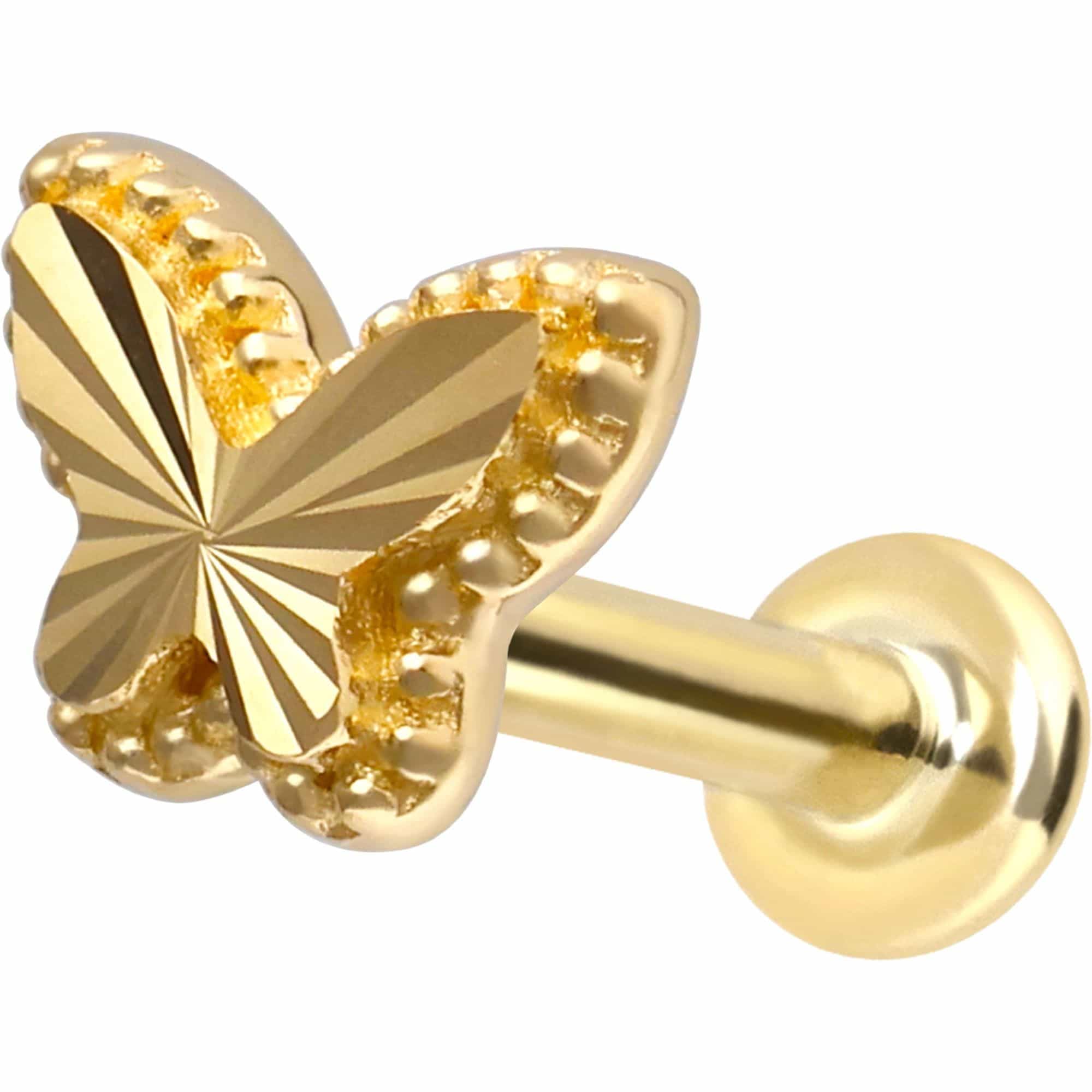 PIERCINGLINE Piercing Stecker 14 Gold Labret mit Push Fit SCHMETTERLING 585er Gold - Roségoldfarben, Goldfarben, Silberfarben